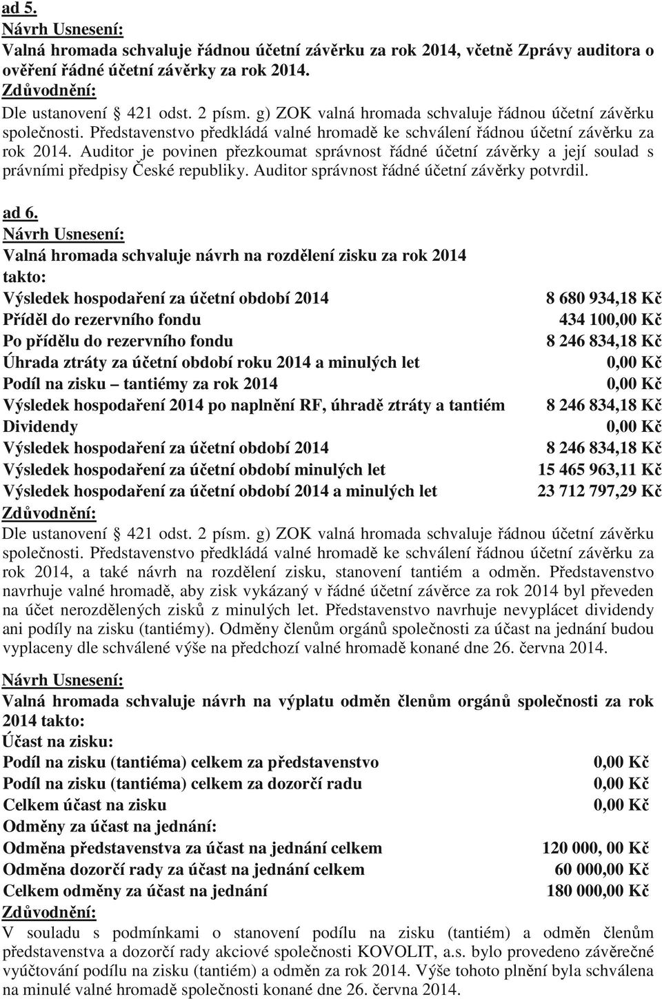 Auditor je povinen přezkoumat správnost řádné účetní závěrky a její soulad s právními předpisy České republiky. Auditor správnost řádné účetní závěrky potvrdil. ad 6.