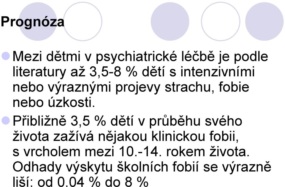 Přibližně 3,5 % dětí v průběhu svého života zažívá nějakou klinickou fobii, s