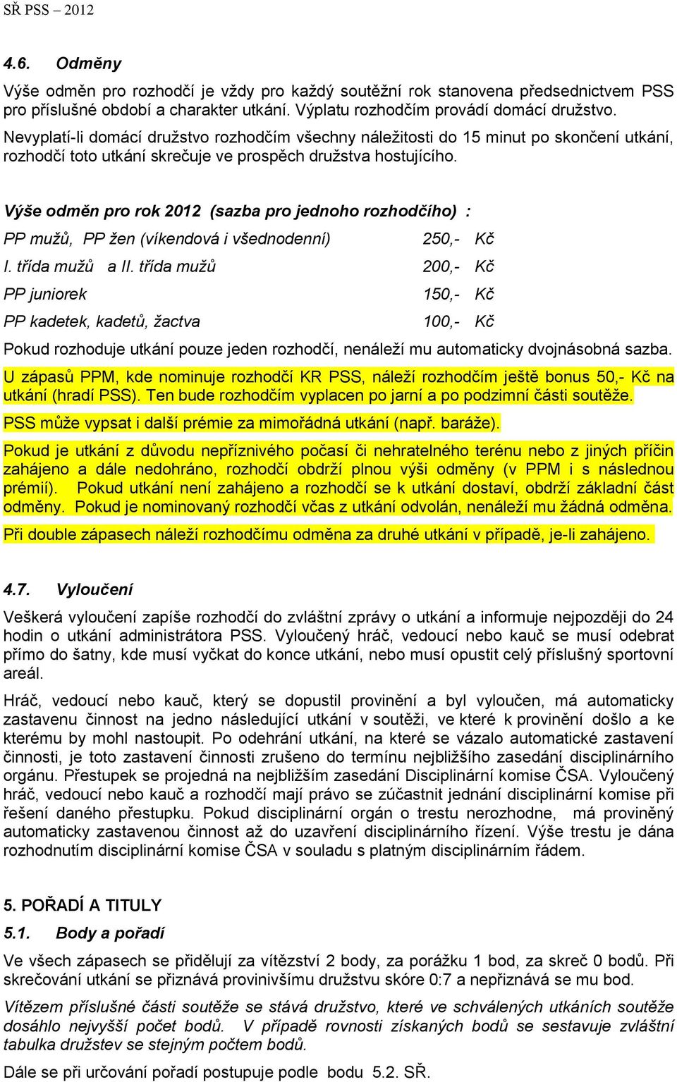 Výše odměn pro rok 2012 (sazba pro jednoho rozhodčího) : PP mužů, PP žen (víkendová i všednodenní) 250,- Kč I. třída mužů a II.