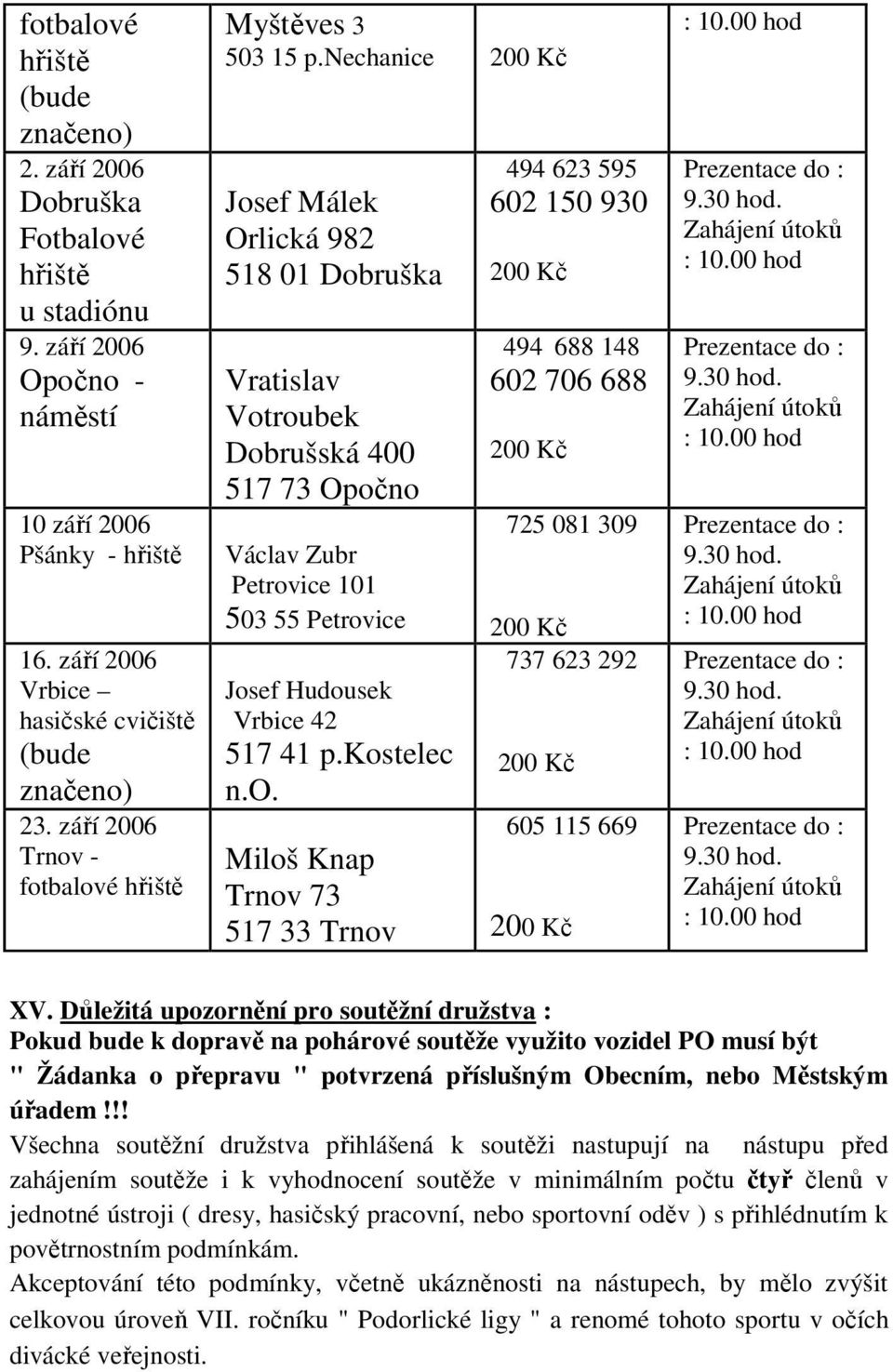 nechanice Josef Málek Orlická 982 518 01 Dobruška Vratislav Votroubek Dobrušská 400 517 73 Opočno Václav Zubr Petrovice 101 503 55 Petrovice Josef Hudousek Vrbice 42 517 41 p.kostelec n.o. Miloš Knap Trnov 73 517 33 Trnov 494 623 595 602 150 930 494 688 148 602 706 688 725 081 309 737 623 292 605 115 669 XV.