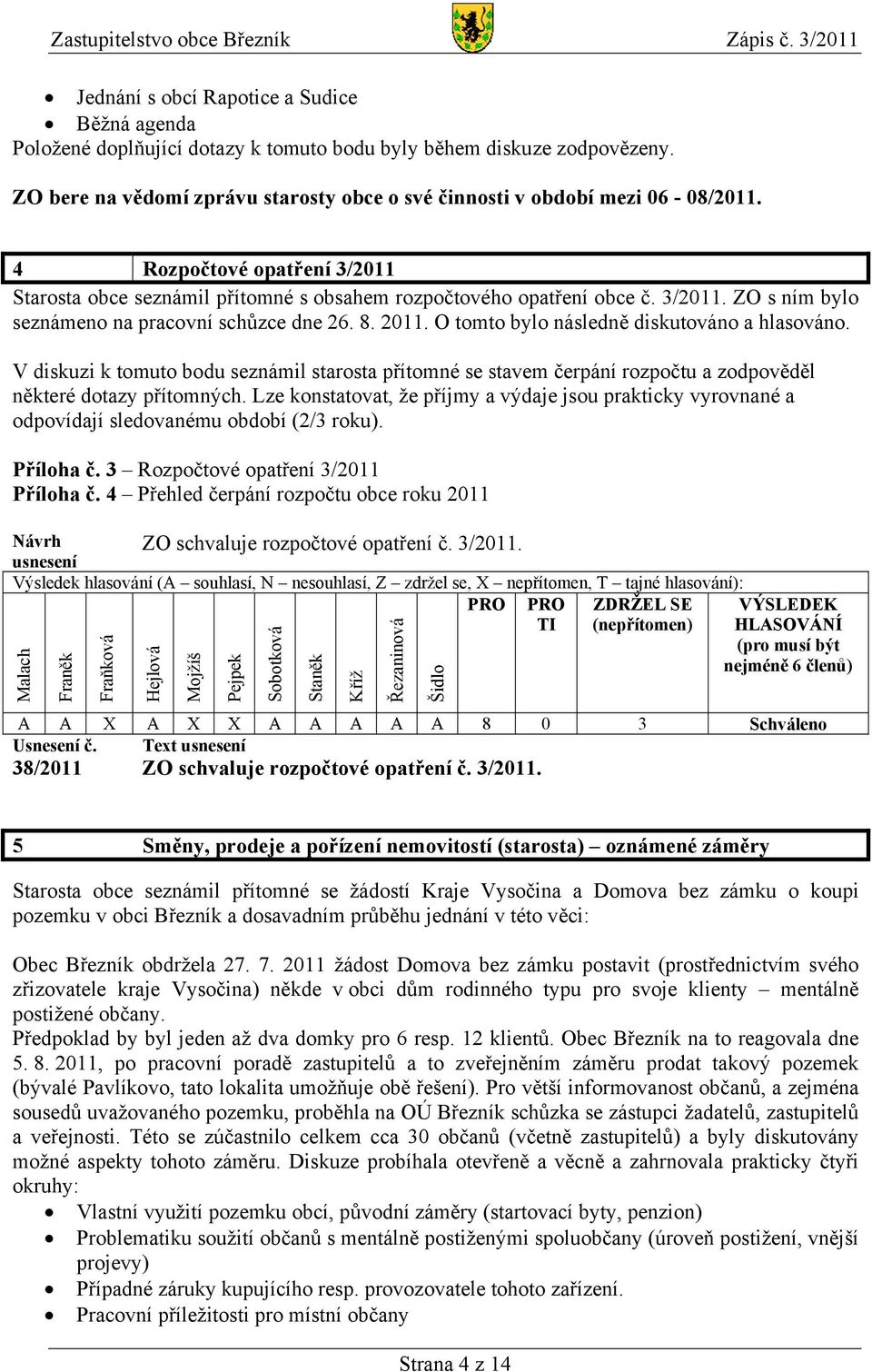 8. 2011. O tomto bylo následně diskutováno a hlasováno. V diskuzi k tomuto bodu seznámil starosta přítomné se stavem čerpání rozpočtu a zodpověděl některé dotazy přítomných.