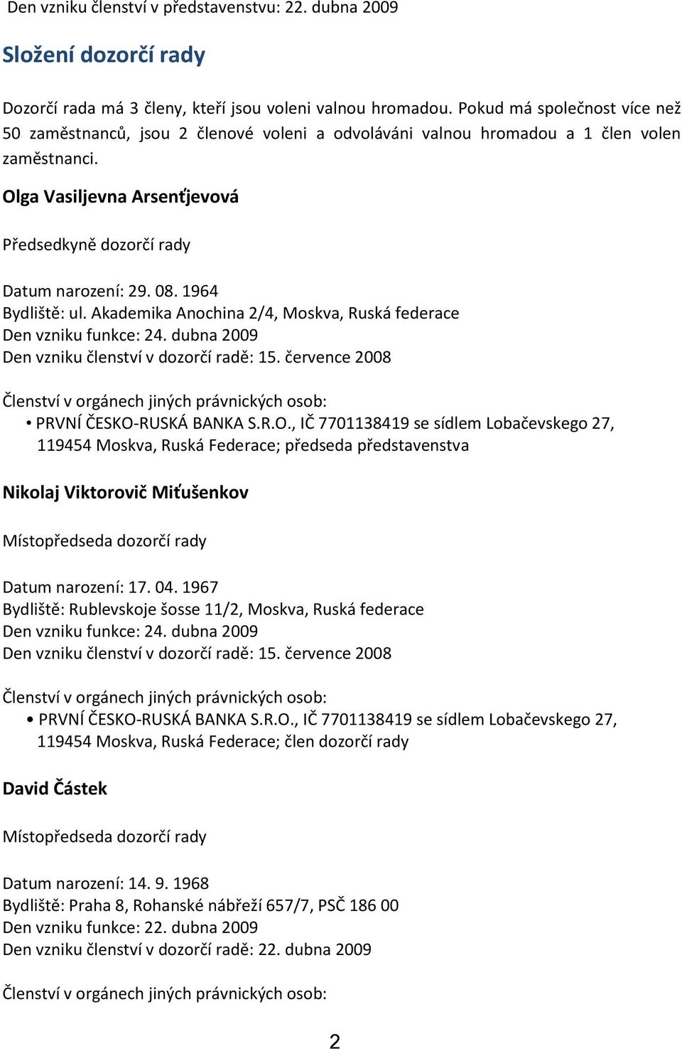 08. 1964 Bydliště: ul. Akademika Anochina 2/4, Moskva, Ruská federace Den vzniku funkce: 24. dubna 2009 Den vzniku členství v dozorčí radě: 15.