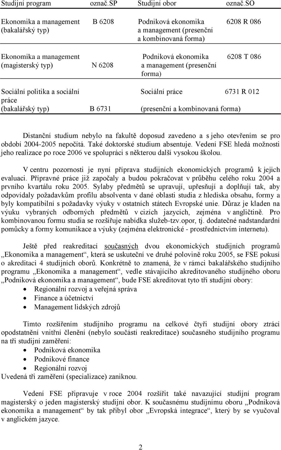 6208 a management (presenční forma) Sociální politika a sociální Sociální práce 6731 R 012 práce (bakalářský typ) B 6731 (presenční a kombinovaná forma) Distanční studium nebylo na fakultě doposud