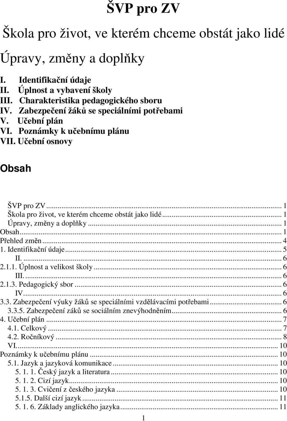 .. 1 Úpravy, změny a doplňky... 1 Obsah... 1 Přehled změn... 4 1. Identifikační údaje... 5 II.... 6 2.1.1. Úplnost a velikost školy... 6 III.... 6 2.1.3.
