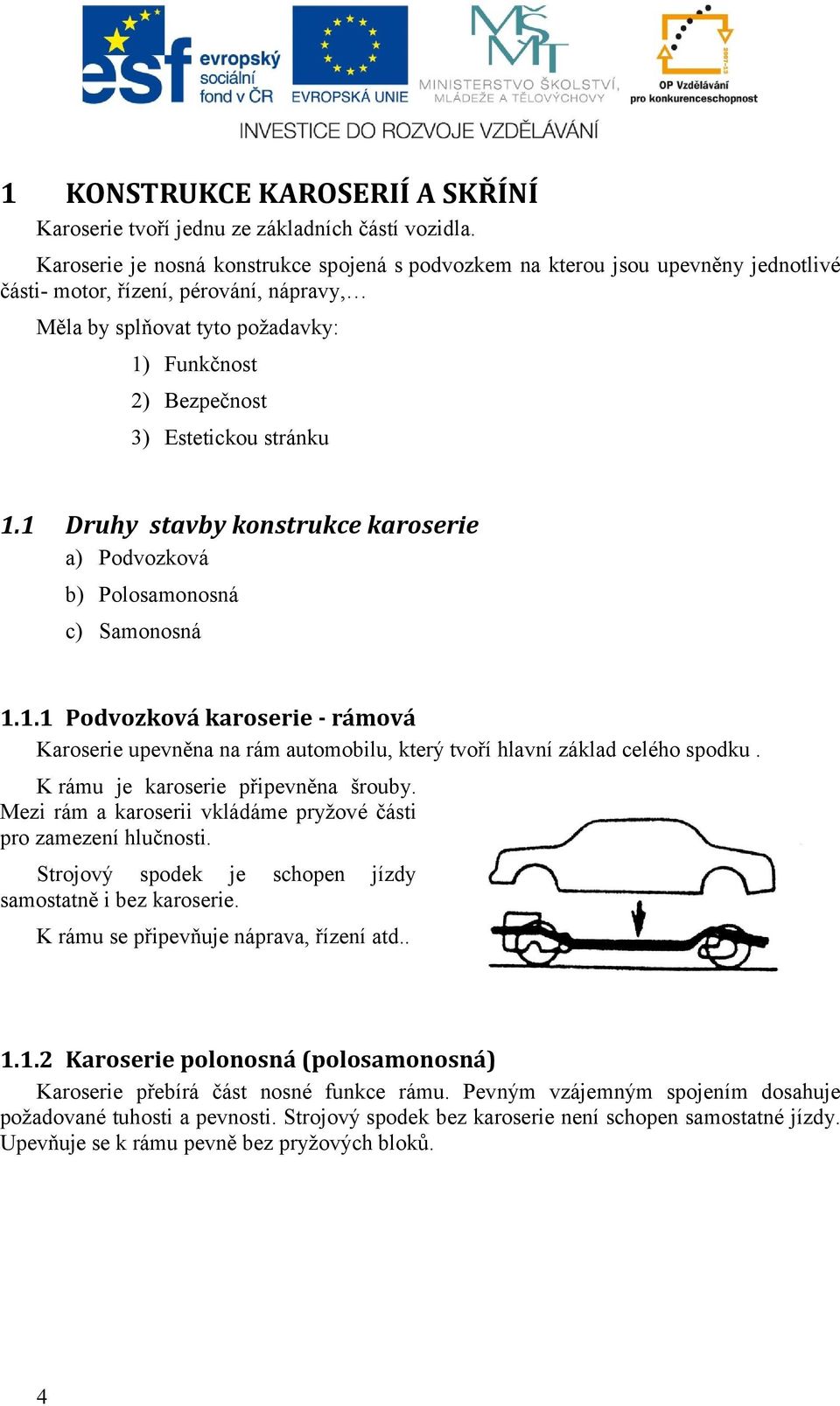 stránku 1.1 Druhy stavby konstrukce karoserie a) Podvozková b) Polosamonosná c) Samonosná 1.1.1 Podvozková karoserie - rámová Karoserie upevněna na rám automobilu, který tvoří hlavní základ celého spodku.