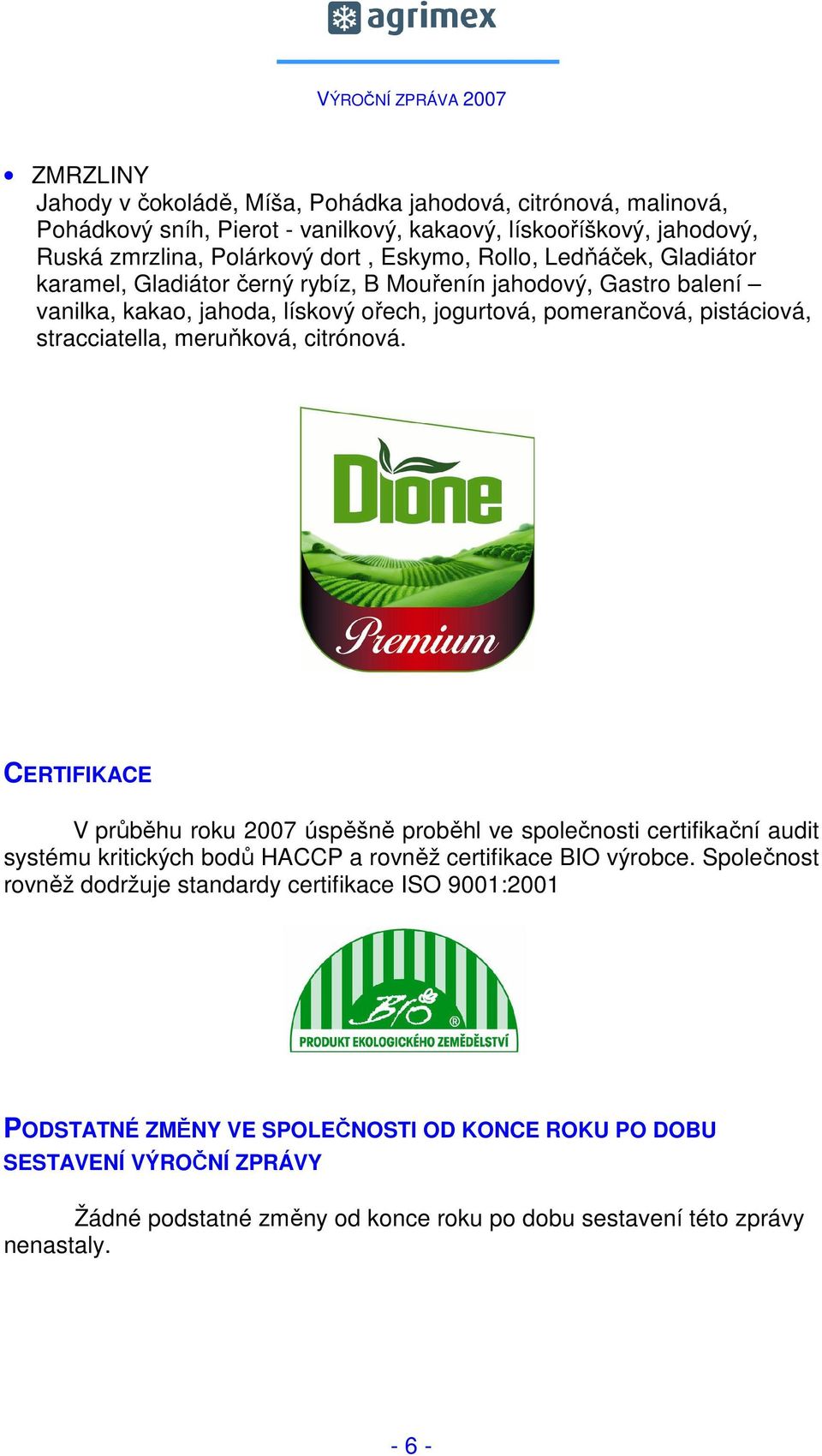 citrónová. CERTIFIKACE V průběhu roku 2007 úspěšně proběhl ve společnosti certifikační audit systému kritických bodů HACCP a rovněž certifikace BIO výrobce.