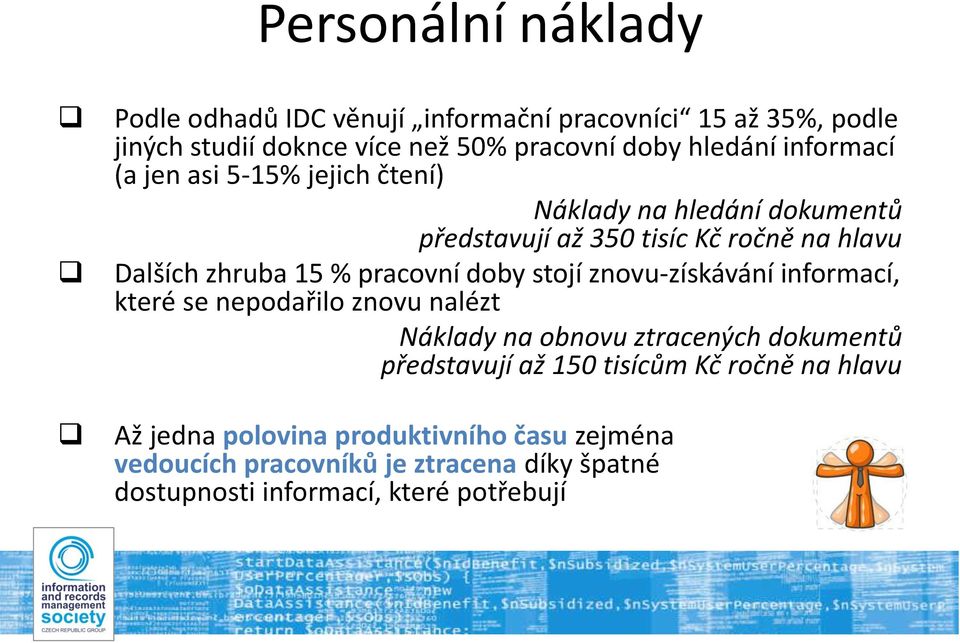 pracovní doby stojí znovu-získávání informací, které se nepodařilo znovu nalézt Náklady na obnovu ztracených dokumentů představují až 150