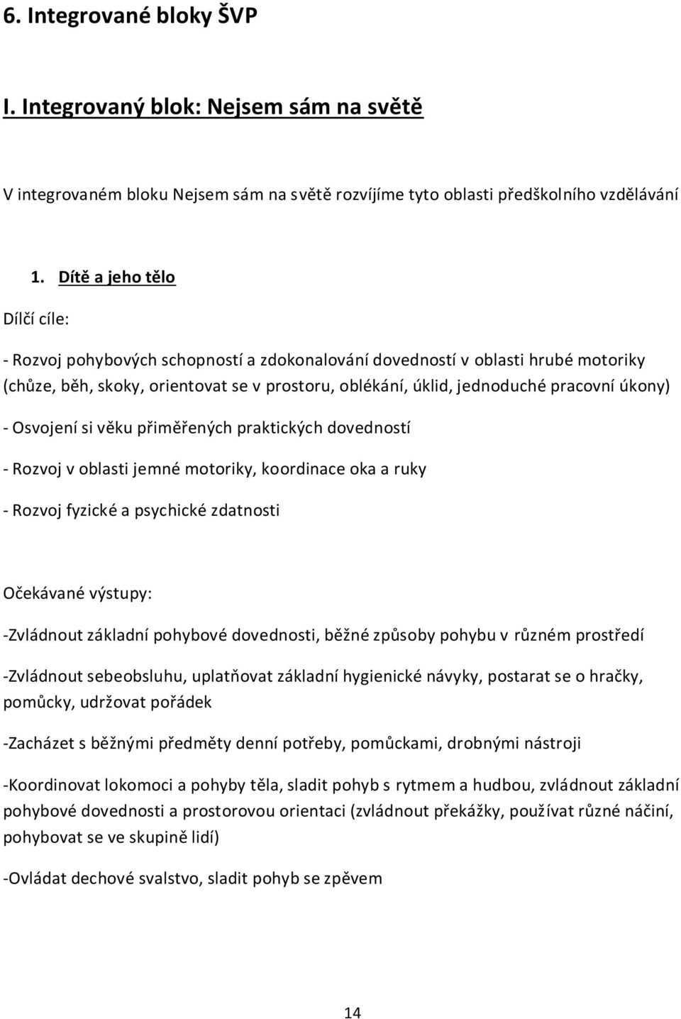 Osvojení si věku přiměřených praktických dovedností - Rozvoj v oblasti jemné motoriky, koordinace oka a ruky - Rozvoj fyzické a psychické zdatnosti -Zvládnout základní pohybové dovednosti, běžné