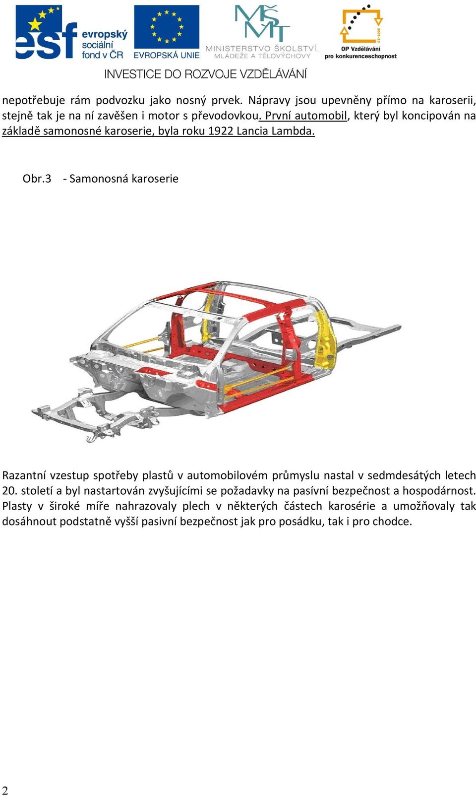 3 - Samonosná karoserie Razantní vzestup spotřeby plastů v automobilovém průmyslu nastal v sedmdesátých letech 20.