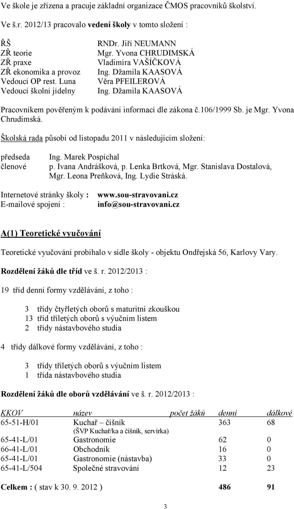 Džamila KAASOVÁ Pracovníkem pověřeným k podávání informací dle zákona č.106/1999 Sb. je Mgr. Yvona Chrudimská. Školská rada působí od listopadu 2011 v následujícím složení: předseda členové Ing.