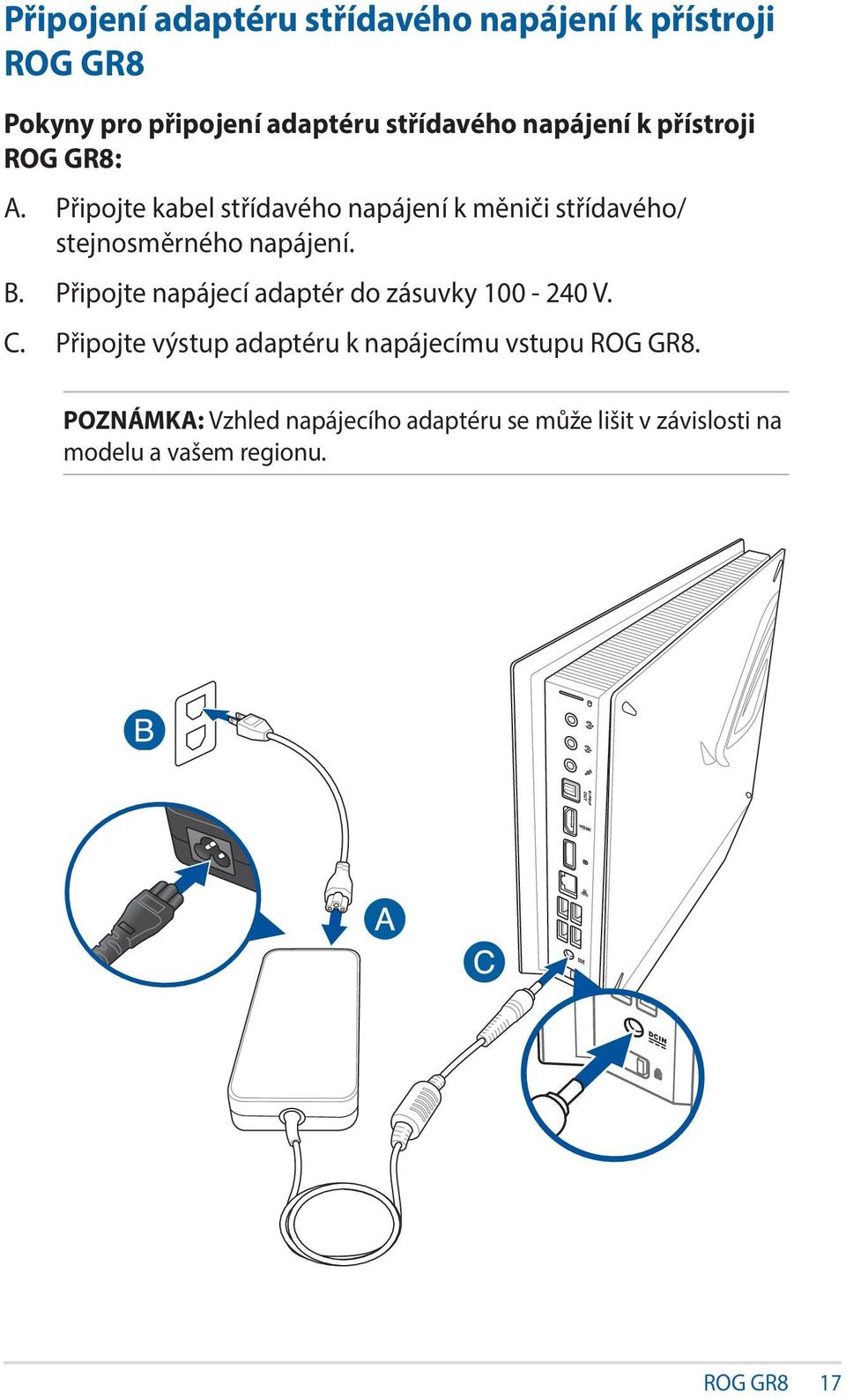 Připojte kabel střídavého napájení k měniči střídavého/ stejnosměrného napájení. B.