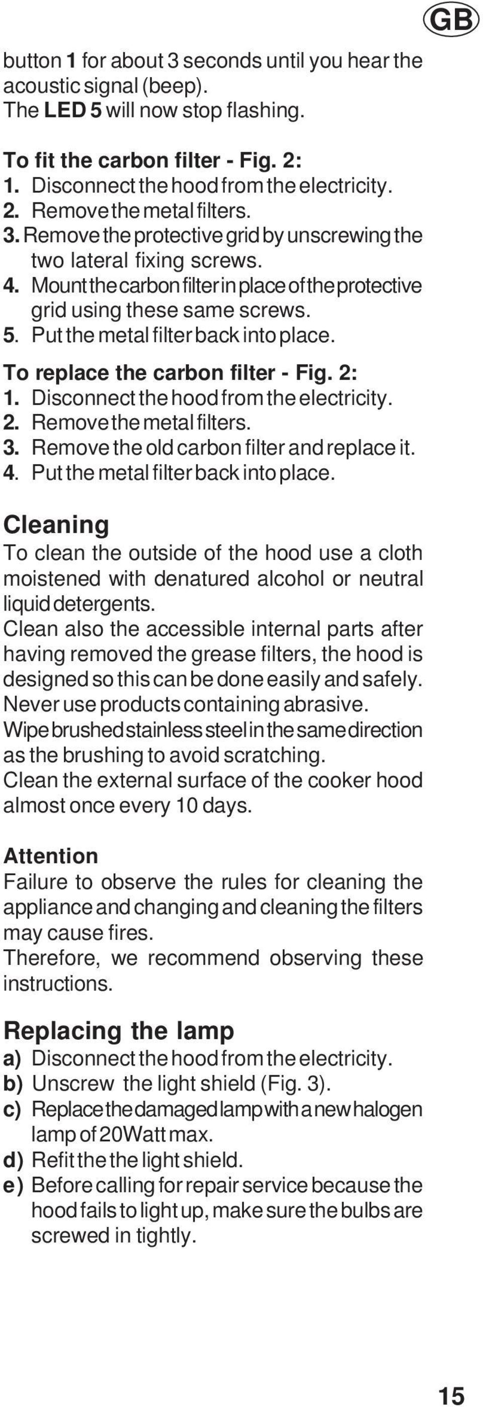 To replace the carbon filter - Fig. 2: 1. Disconnect the hood from the electricity. 2. Remove the metal filters. 3. Remove the old carbon filter and replace it. 4.