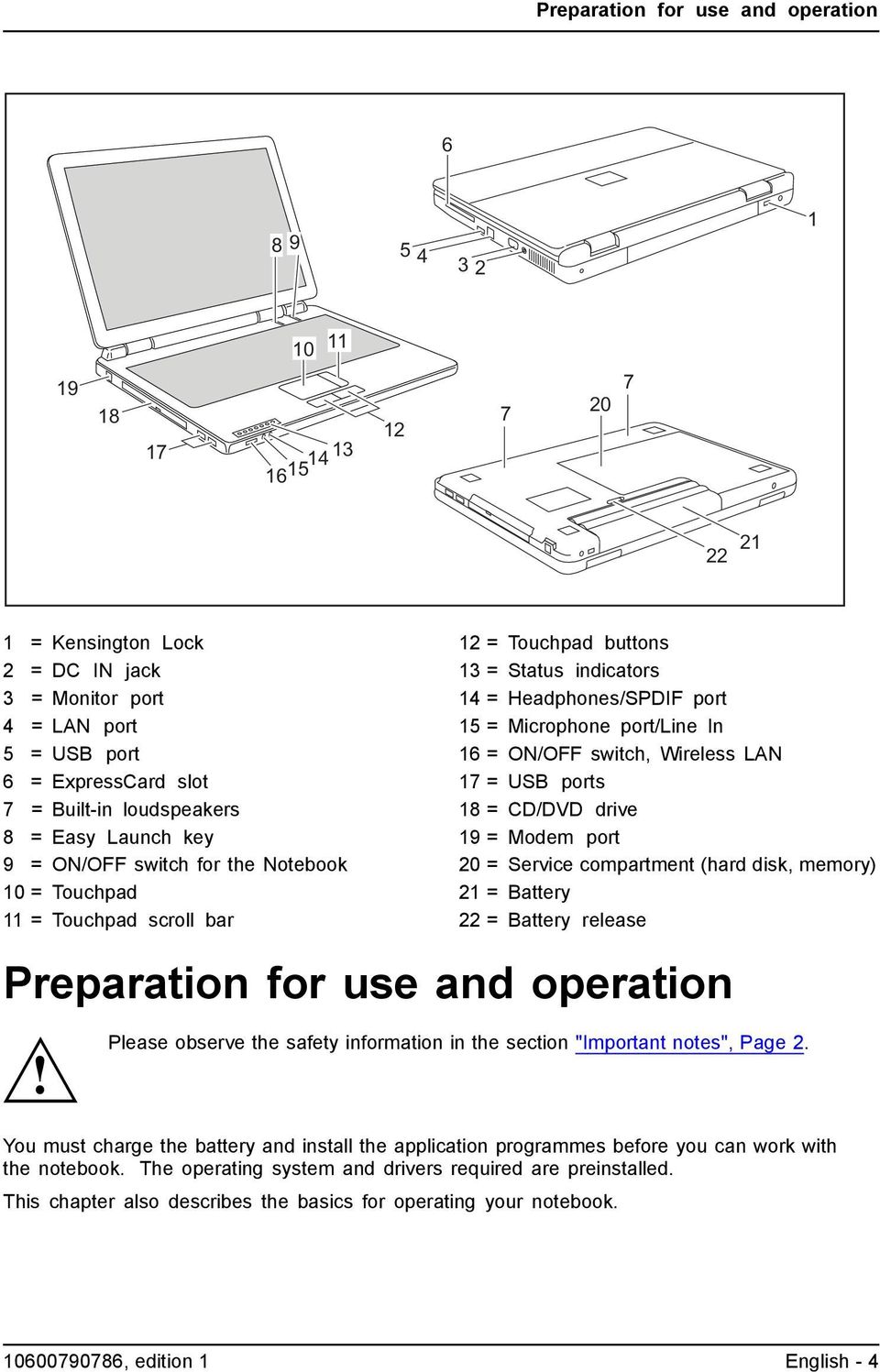 Microphone port/line In 16 = ON/OFF switch, Wireless LAN 17 = USB ports 18 = CD/DVD drive 19 = Modem port 20 = Service compartment (hard disk, memory) 21 = Battery 22 = Battery release Preparation