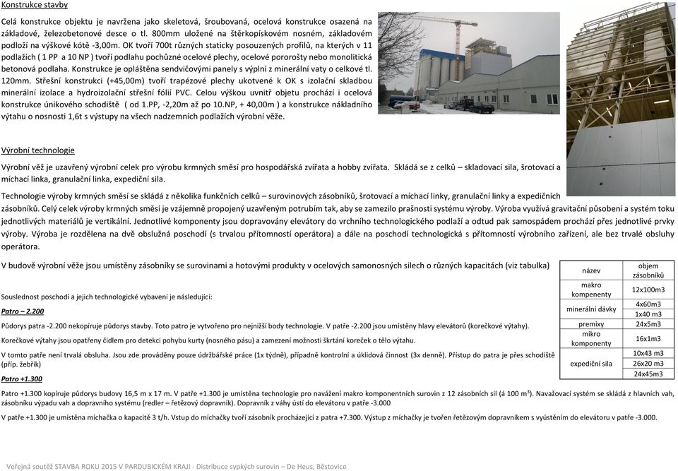 OK tvoří 700t různých staticky posouzených profilů, na kterých v 11 podlažích ( 1 PP a 10 NP ) tvoří podlahu pochůzné ocelové plechy, ocelové pororošty nebo monolitická betonová podlaha.