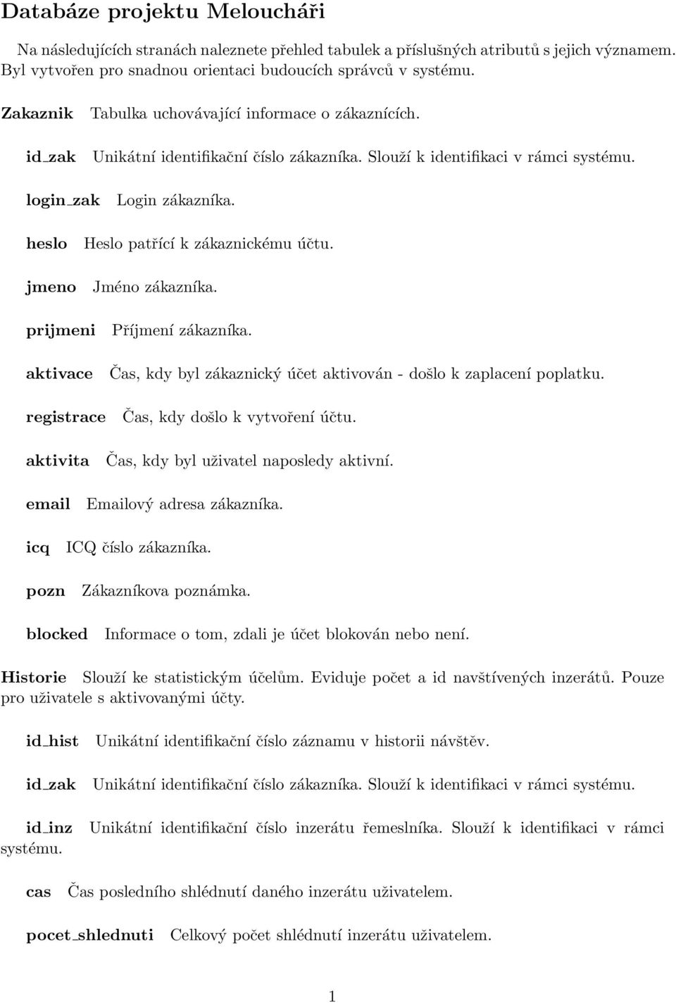 Slouží k identifikaci v rámci login zak Login zákazníka. heslo Heslo patřící k zákaznickému účtu. Jméno zákazníka. prijmeni registrace Příjmení zákazníka.