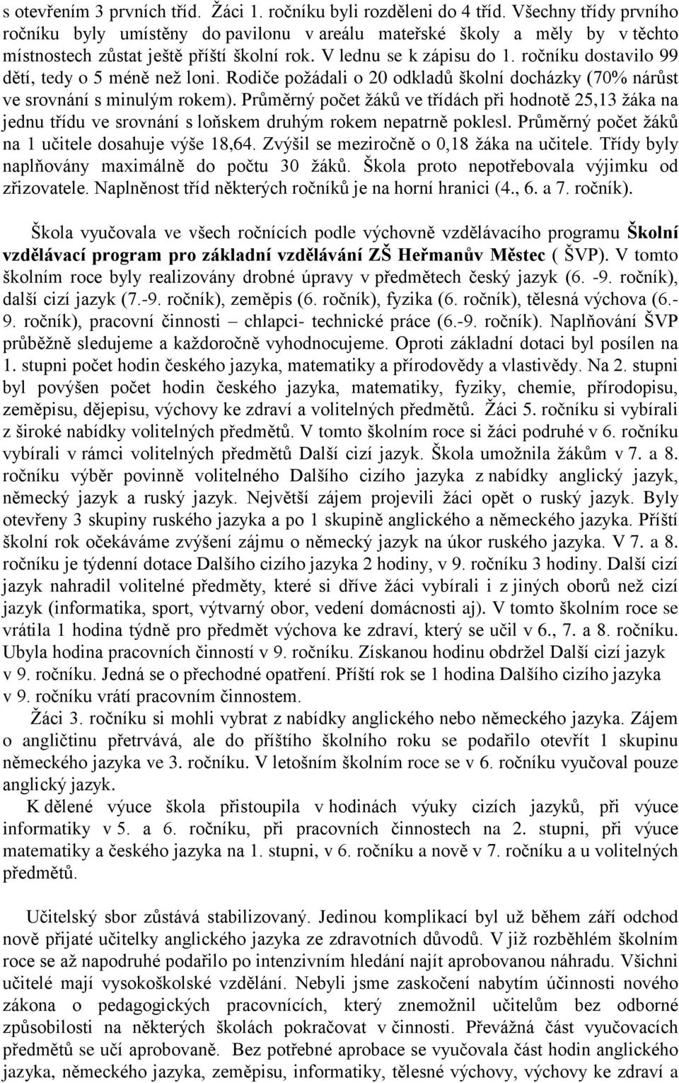 ročníku dostavilo 99 dětí, tedy o 5 méně než loni. Rodiče požádali o 20 odkladů školní docházky (70% nárůst ve srovnání s minulým rokem).