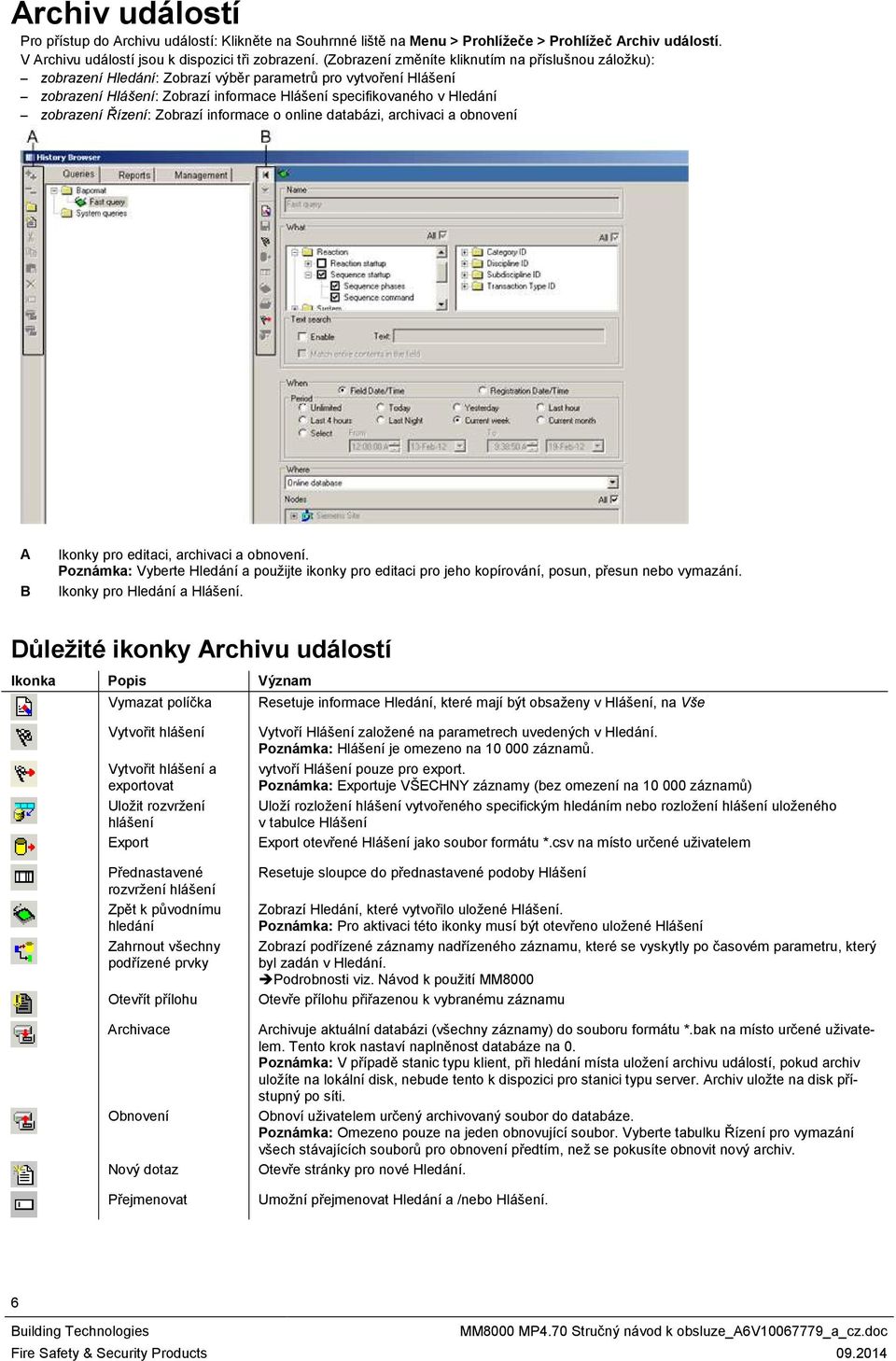 Řízení: Zobrazí informace o online databázi, archivaci a obnovení Ikonky pro editaci, archivaci a obnovení.