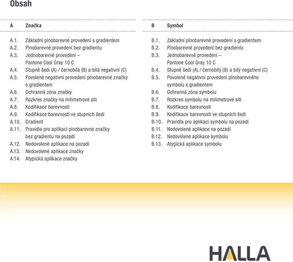Kodifikace barevnosti A.9. Kodifikace barevnosti ve stupních šedi A.10. Gradient A.11. Pravidla pro aplikaci plnobarevné značky bez gradientu na pozadí A.12. Nedovolené aplikace na pozadí A.13.