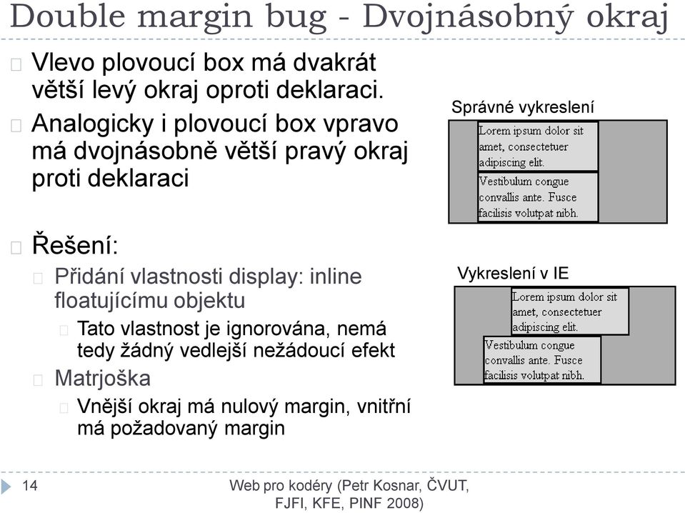 Řešení: Přidání vlastnosti display: inline floatujícímu objektu Tato vlastnost je ignorována, nemá tedy