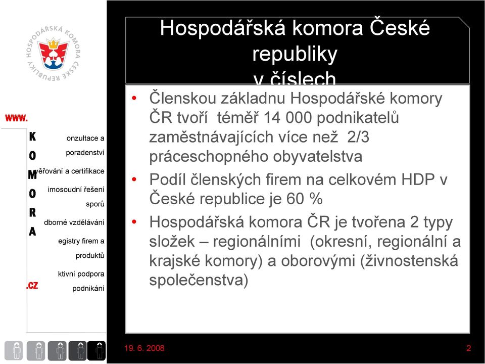 firem na celkovém HDP v České republice je 60 % Hospodářská komora ČR je tvořena 2 typy složek