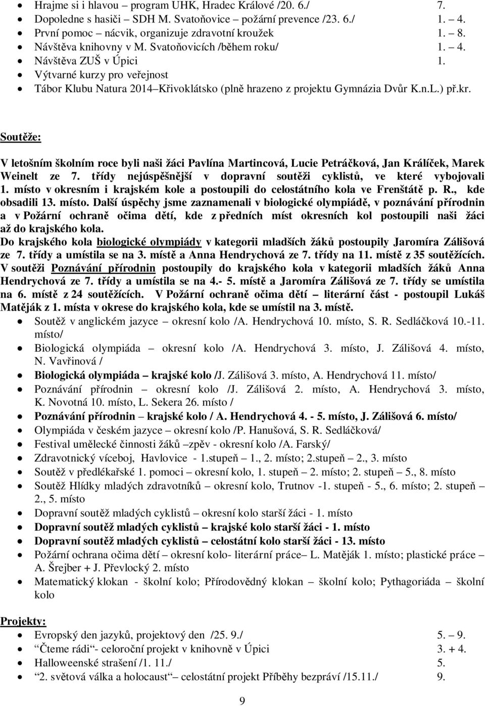 Sout že: V letošním školním roce byli naši žáci Pavlína Martincová, Lucie Petrá ková, Jan Králí ek, Marek Weinelt ze 7. t ídy nejúsp šn jší v dopravní sout ži cyklist, ve které vybojovali 1.