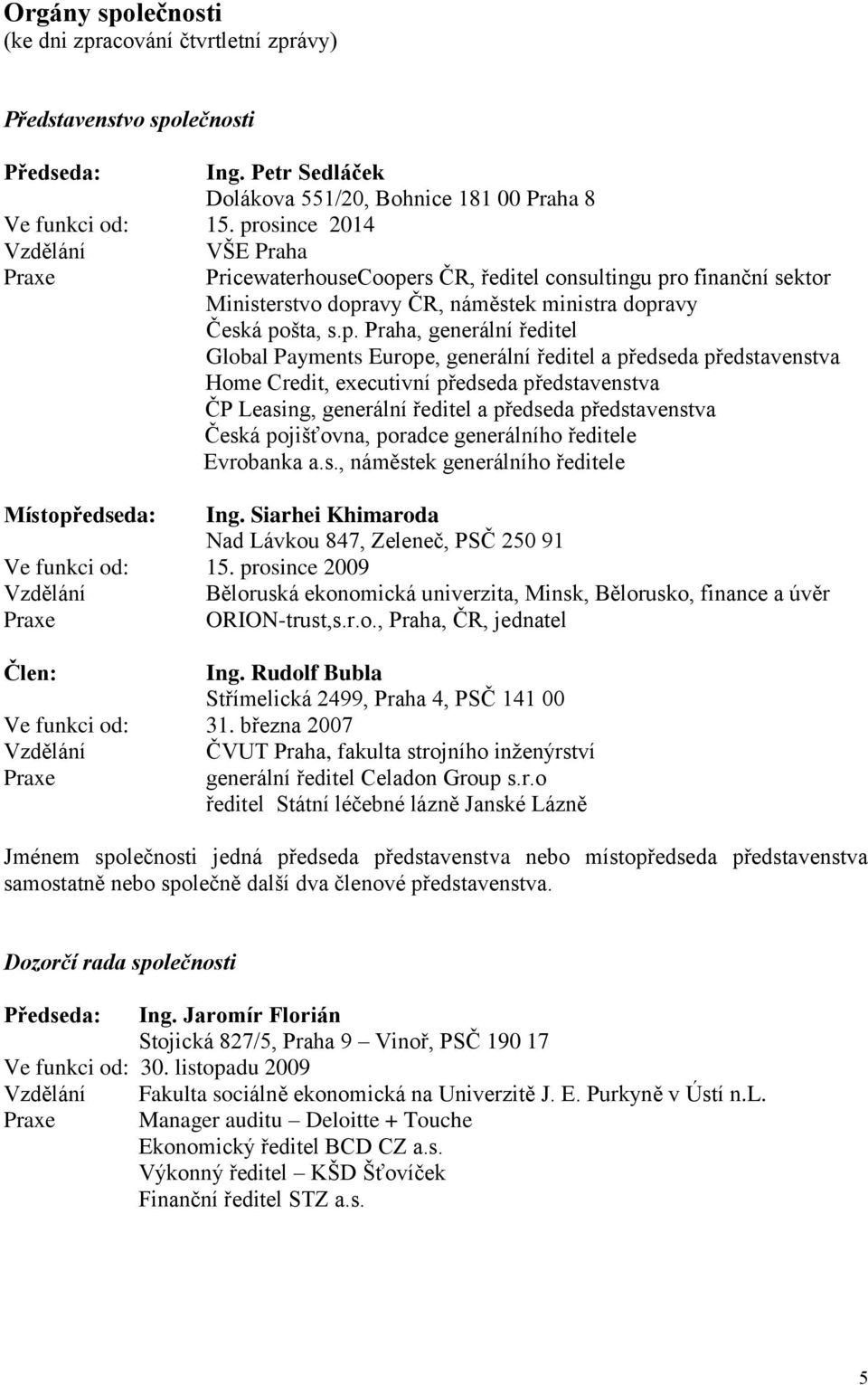 Global Payments Europe, generální ředitel a předseda představenstva Home Credit, executivní předseda představenstva ČP Leasing, generální ředitel a předseda představenstva Česká pojišťovna, poradce
