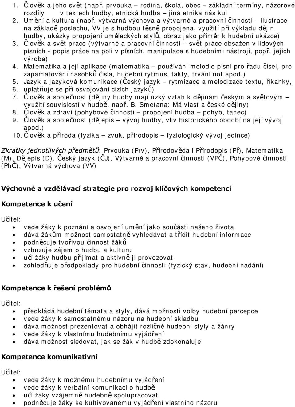 hudební ukázce) 3. Člověk a svět práce (výtvarné a pracovní činnosti svět práce obsažen v lidových písních - popis práce na poli v písních, manipulace s hudebními nástroji, popř. jejich výroba) 4.