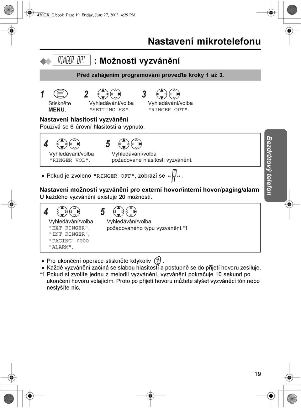 Nastavení možností vyzvánění pro externí hovor/interní hovor/paging/alarm U každého vyzvánění existuje 20 možností. 4 5 "EXT RINGER", "INT RINGER", "PAGING" nebo "ALARM".