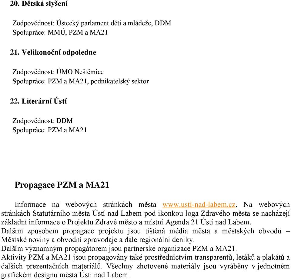 Literární Ústí Zodpovědnost: DDM Spolupráce: PZM a MA21 Propagace PZM a MA21 Informace na webových stránkách města www.usti-nad-labem.cz.