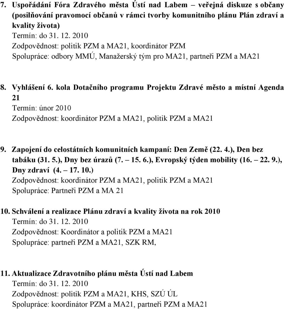 kola Dotačního programu Projektu Zdravé město a místní Agenda 21 Termín: únor 2010 Zodpovědnost: koordinátor PZM a MA21, politik PZM a MA21 9.