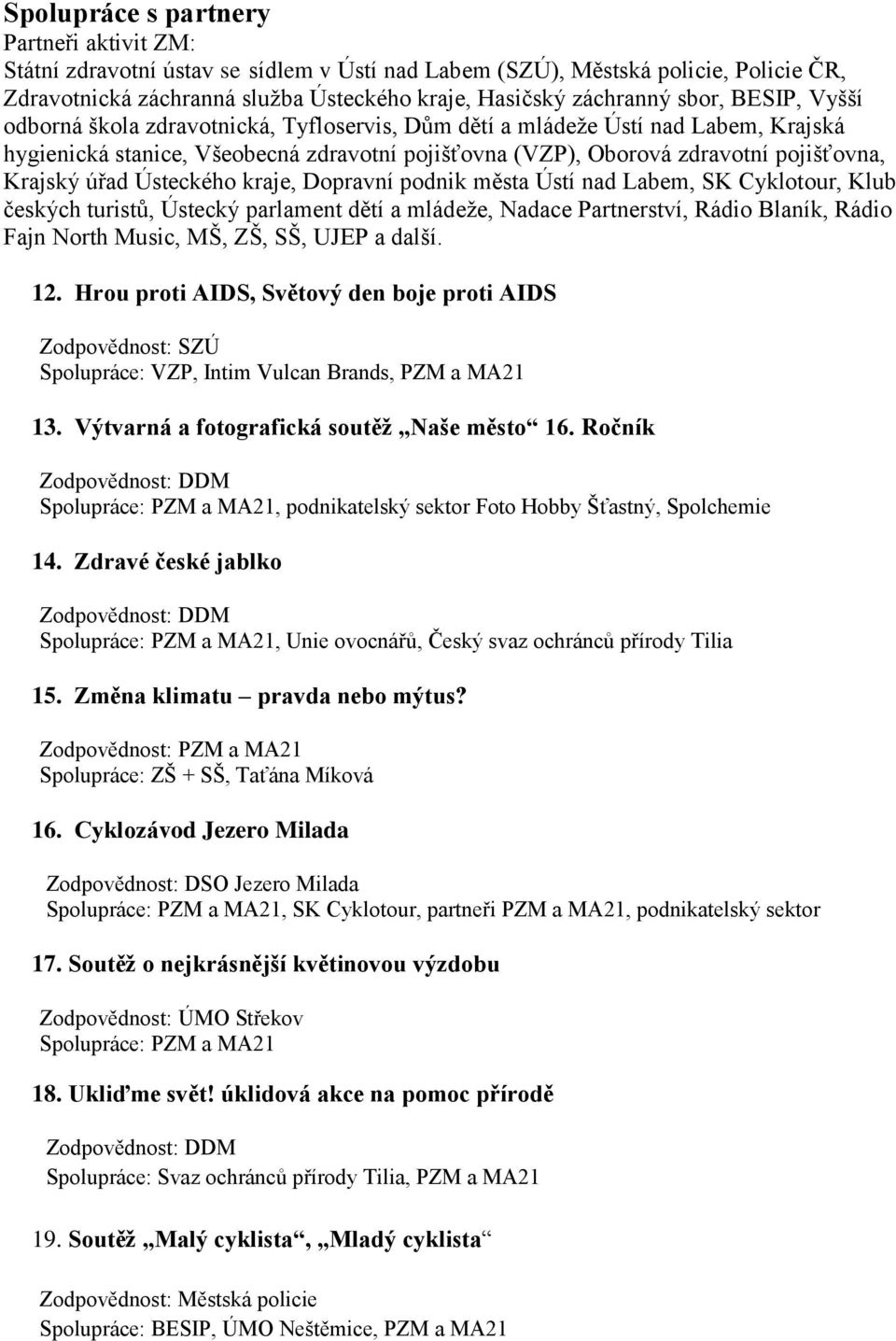 úřad Ústeckého kraje, Dopravní podnik města Ústí nad Labem, SK Cyklotour, Klub českých turistů, Ústecký parlament dětí a mládeţe, Nadace Partnerství, Rádio Blaník, Rádio Fajn North Music, MŠ, ZŠ, SŠ,