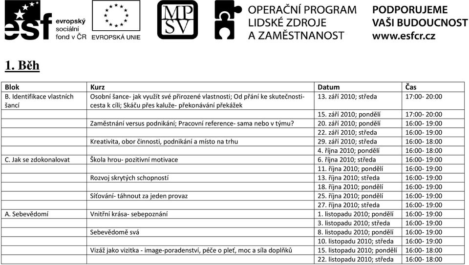 září 2010; středa 16:00-19:00 Kreativita, obor činnosti, podnikání a místo na trhu 29. září 2010; středa 16:00-18:00 4. října 2010; pondělí 16:00-18:00 C.