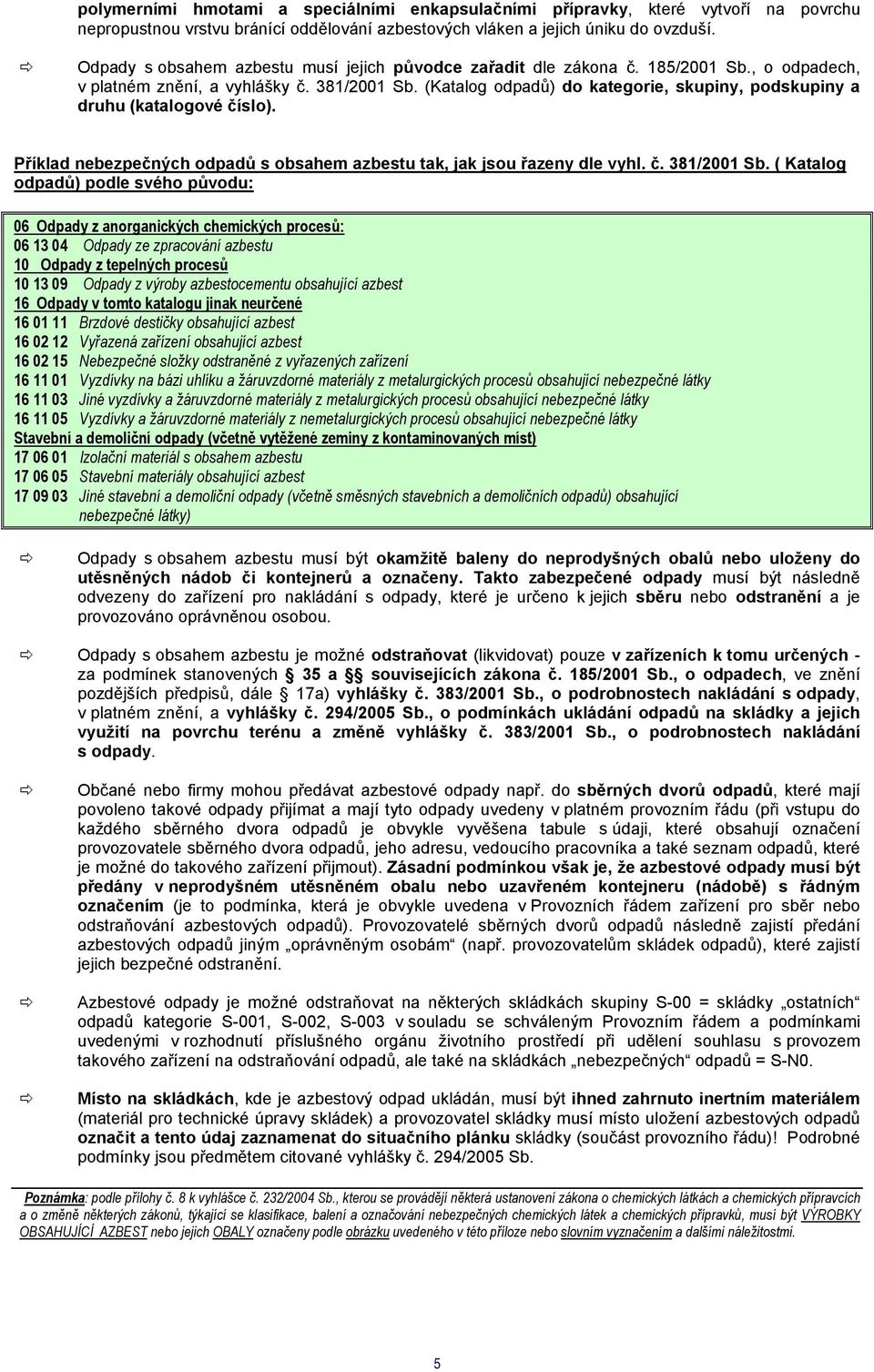 (Katalog odpadů) do kategorie, skupiny, podskupiny a druhu (katalogové číslo). Příklad nebezpečných odpadů s obsahem azbestu tak, jak jsou řazeny dle vyhl. č. 381/2001 Sb.