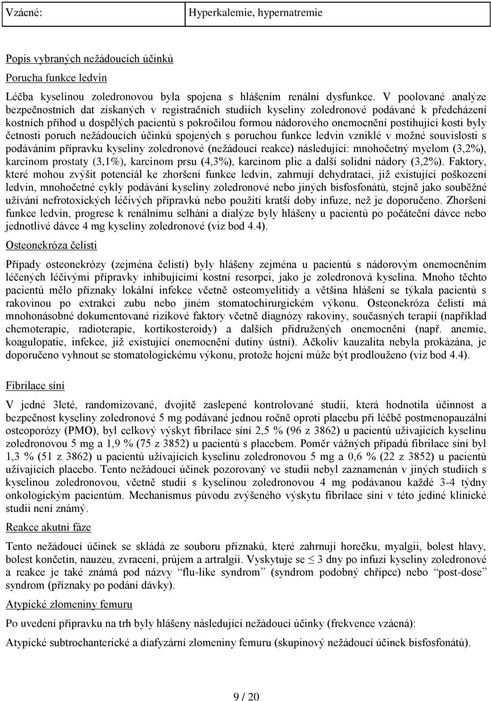 postihující kosti byly četnosti poruch nežádoucích účinků spojených s poruchou funkce ledvin vzniklé v možné souvislosti s podáváním přípravku kyseliny zoledronové (nežádoucí reakce) následující: