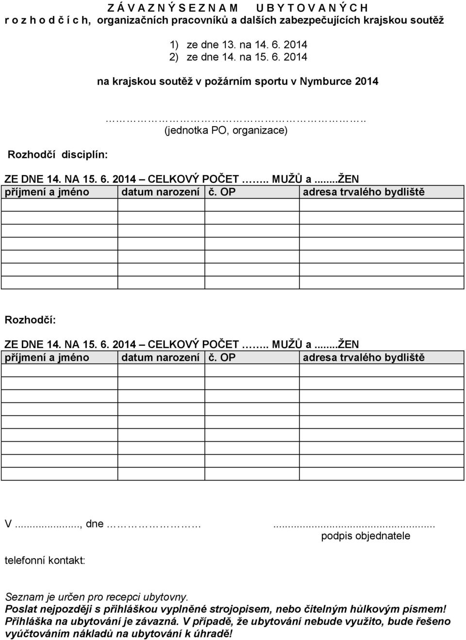 ..žen příjmení a jméno datum narození č. OP adresa trvalého bydliště Rozhodčí: ZE DNE 14. NA 15. 6. 2014 CELKOVÝ POČET.. MUŽŮ a...žen příjmení a jméno datum narození č. OP adresa trvalého bydliště V.