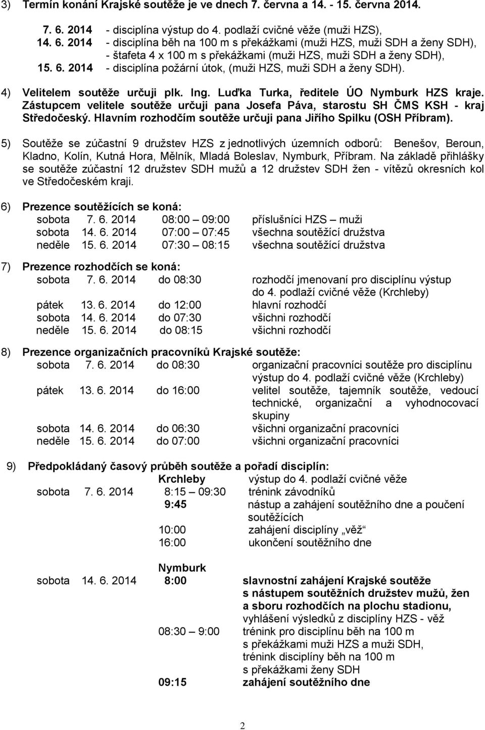 2014 - disciplína běh na 100 m s překážkami (muži HZS, muži SDH a ženy SDH), - štafeta 4 x 100 m s překážkami (muži HZS, muži SDH a ženy SDH), 15. 6.