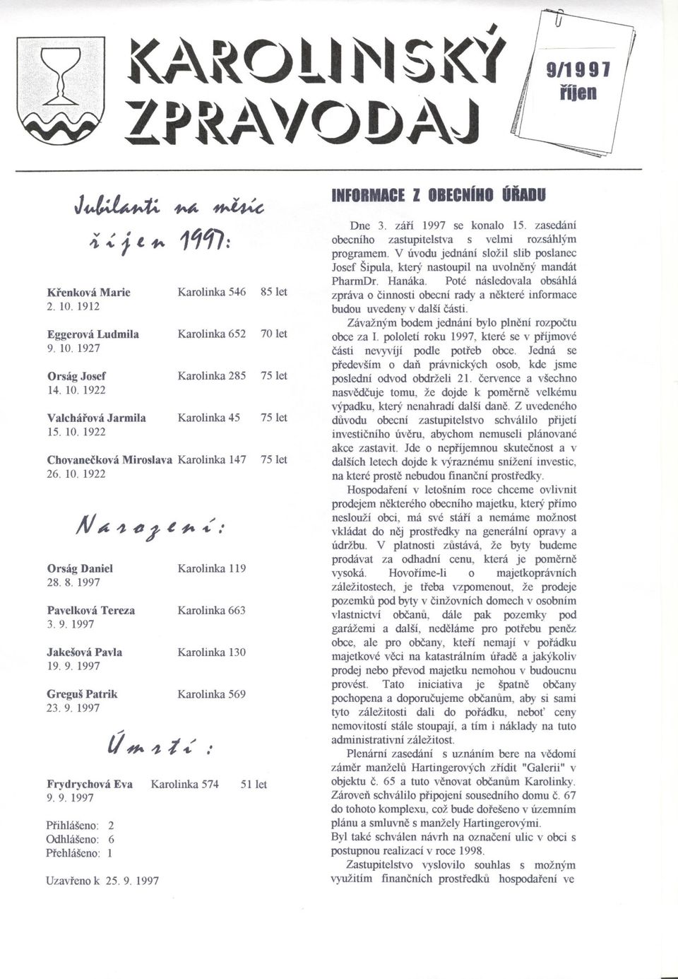 1997 I """1t", "' 1'1: Karolinka 119 Karolinka 663 Karolinka 130 Karolinka 569 Karolinka 574 ""' Krenková Marie Karolinka 546 85 let 2. 10. 1912 Eggerová Ludmila Karolinka 652 70 let 9. 10. 1927 Orság Josef Karolinka 285 75 let 14.