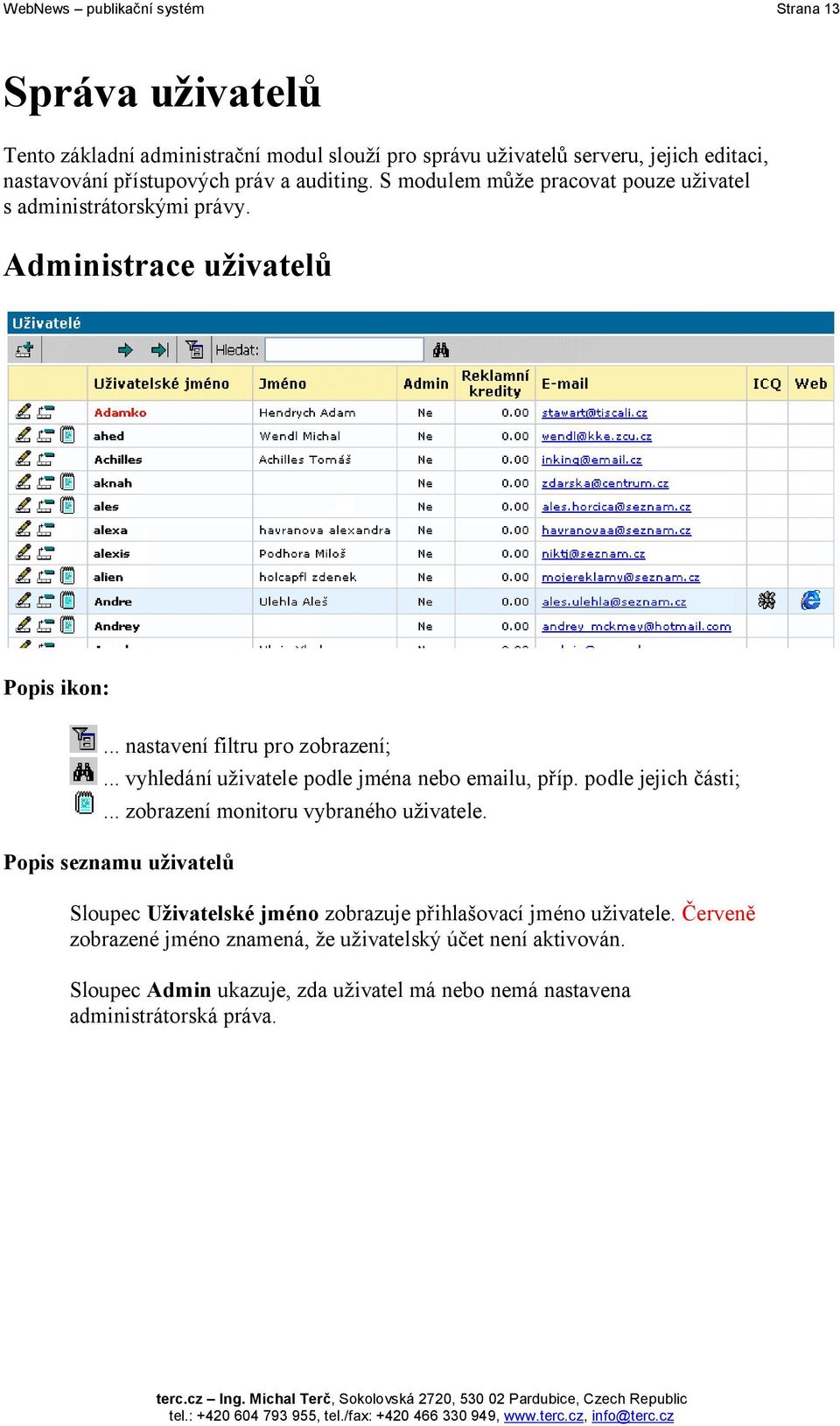 .. vyhledání uživatele podle jména nebo emailu, příp. podle jejich části;... zobrazení monitoru vybraného uživatele.