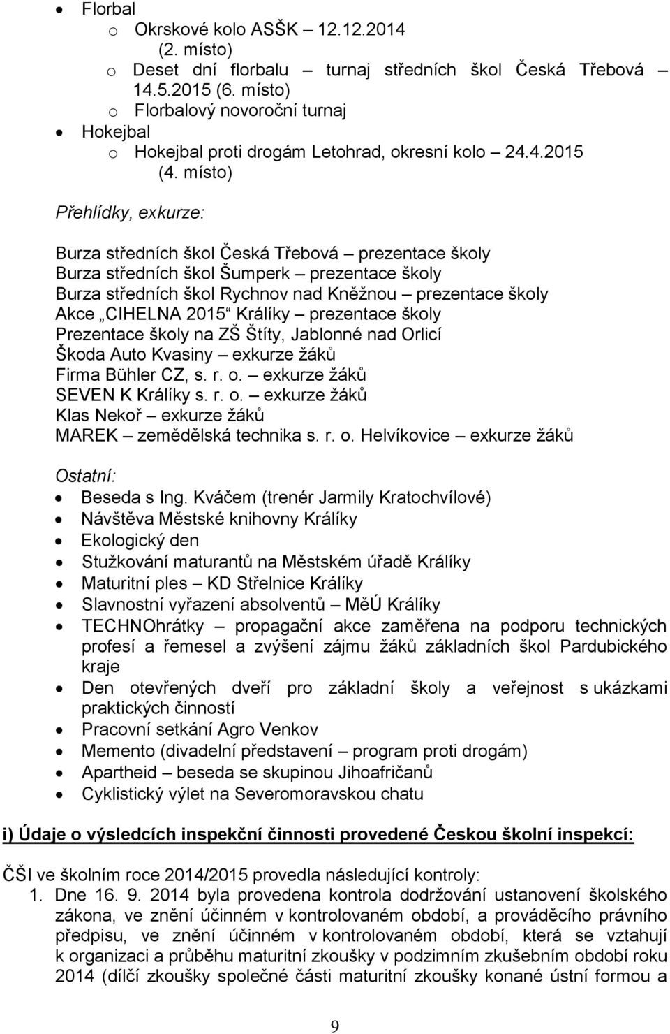 místo) Přehlídky, exkurze: Burza středních škol Česká Třebová prezentace školy Burza středních škol Šumperk prezentace školy Burza středních škol Rychnov nad Kněžnou prezentace školy Akce CIHELNA 205