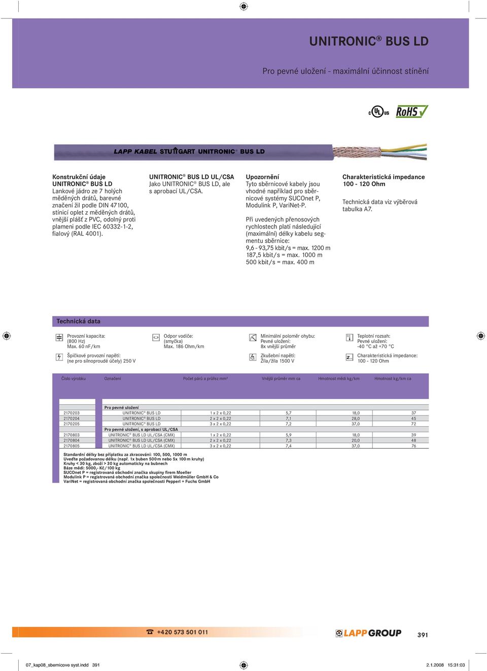 vnější plášť z PVC, odolný proti plameni podle IEC 60332-1-2, fialový (RAL 4001). UNITRONIC BUS LD UL/CSA Jako UNITRONIC BUS LD, ale s aprobací UL/CSA.