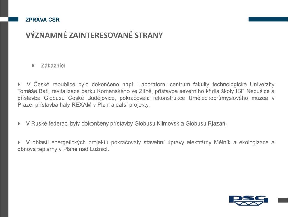 ISP Nebušice a přístavba Globusu České Budějovice, pokračovala rekonstrukce Uměleckoprůmyslového muzea v Praze, přístavba haly REXAM v