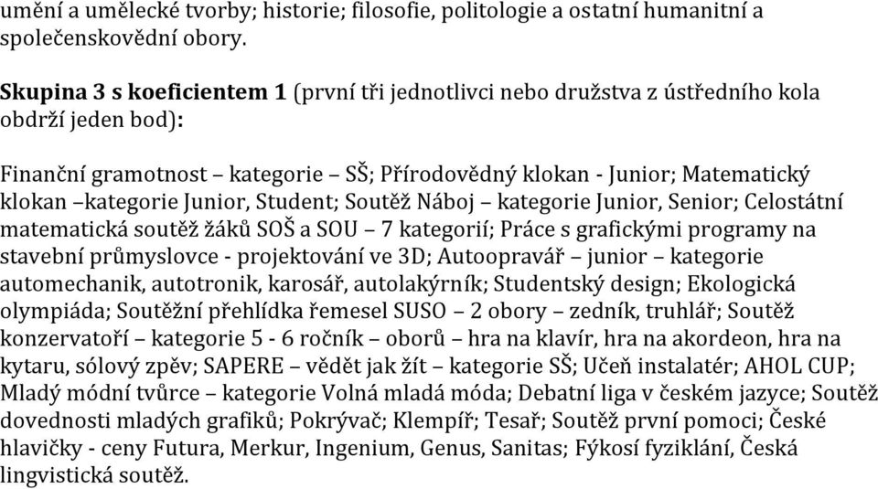 Junior, Student; Soutěž Náboj kategorie Junior, Senior; Celostátní matematická soutěž žáků SOŠ a SOU 7 kategorií; Práce s grafickými programy na stavební průmyslovce - projektování ve 3D; Autoopravář