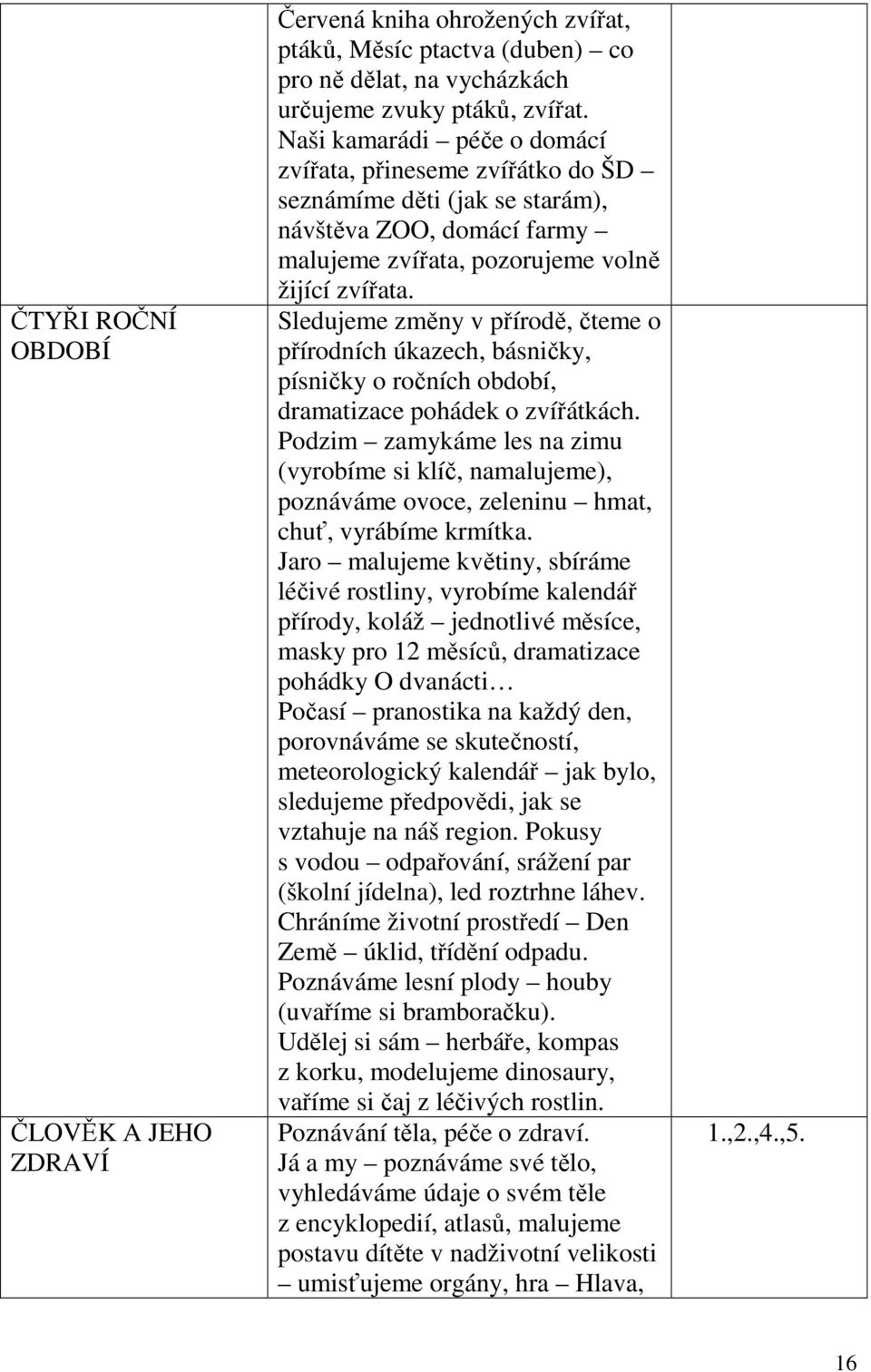 Sledujeme změny v přírodě, čteme o přírodních úkazech, básničky, písničky o ročních období, dramatizace pohádek o zvířátkách.