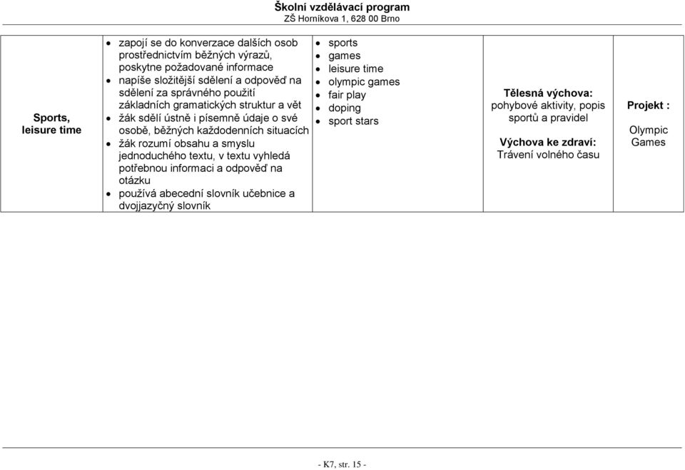 jednoduchého textu, v textu vyhledá potřebnou informaci a odpověď na otázku používá abecední slovník učebnice a dvojjazyčný slovník sports games leisure time olympic