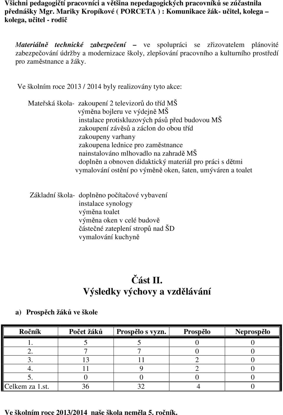 zlepšování pracovního a kulturního prostředí pro zaměstnance a žáky.