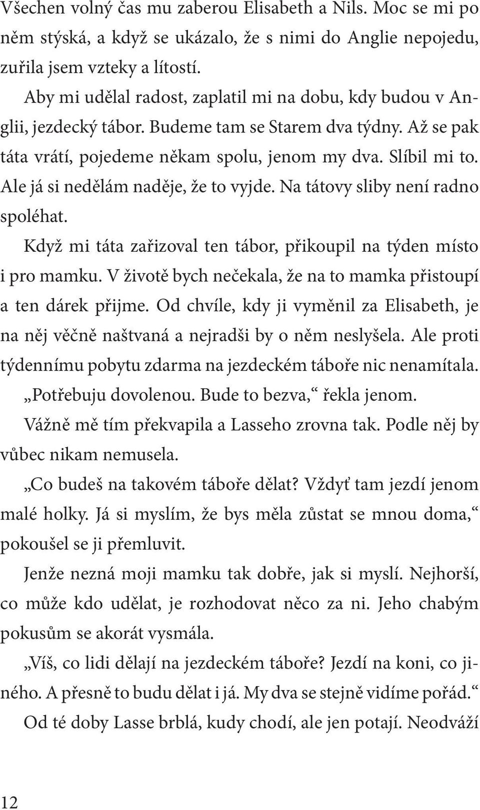 Ale já si nedělám naděje, že to vyjde. Na tátovy sliby není radno spoléhat. Když mi táta zařizoval ten tábor, přikoupil na týden místo i pro mamku.