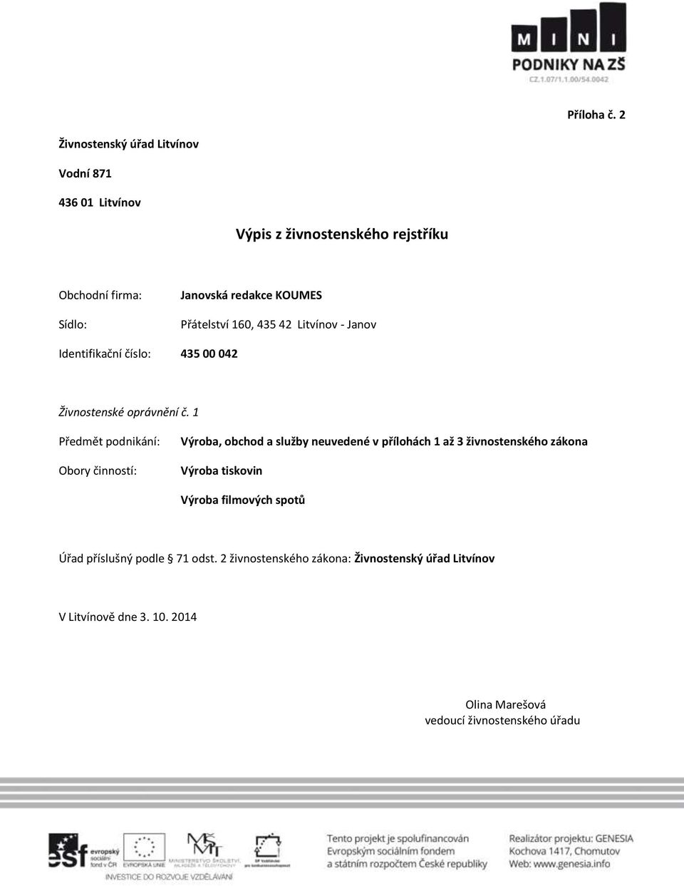 Přátelství 160, 435 42 Litvínov - Janov Identifikační číslo: 435 00 042 Živnostenské oprávnění č.