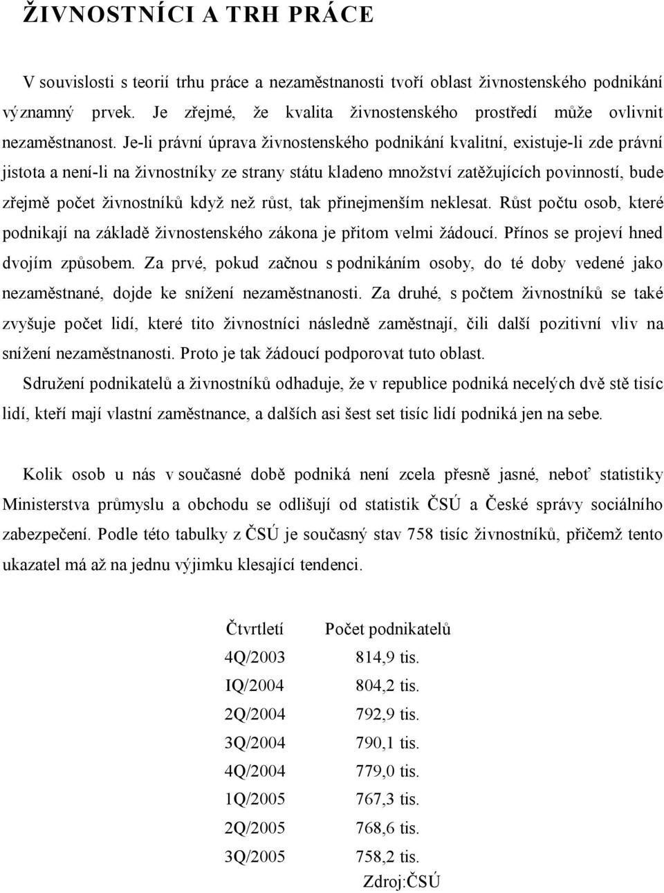 Je-li právní úprava živnostenského podnikání kvalitní, existuje-li zde právní jistota a není-li na živnostníky ze strany státu kladeno množství zatěžujících povinností, bude zřejmě počet živnostníků