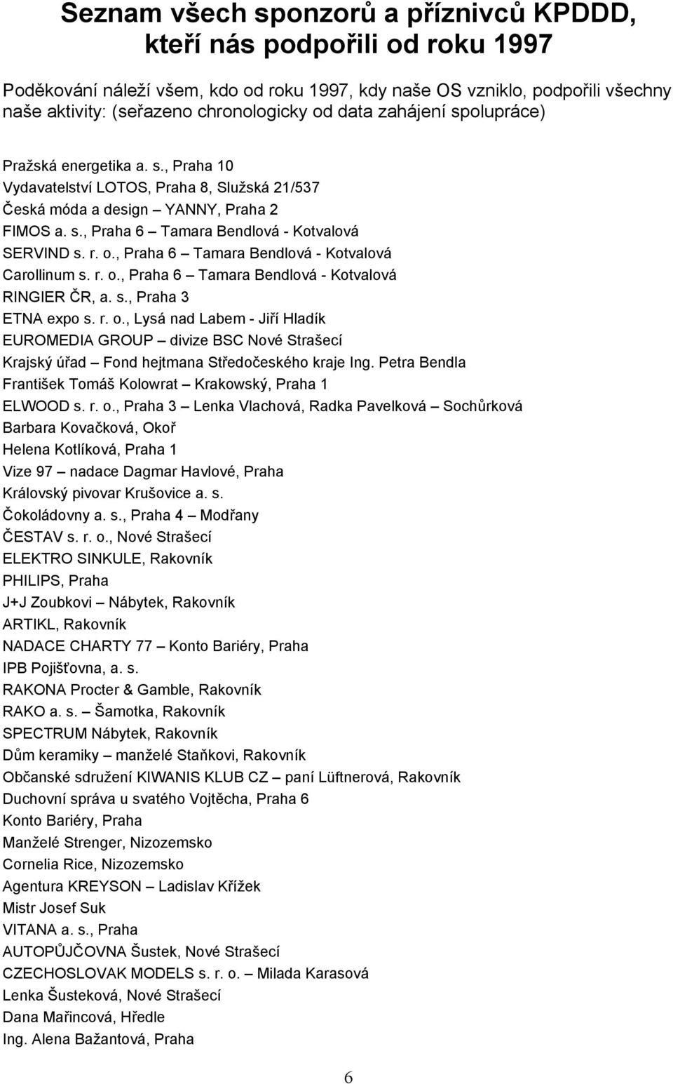 r. o., Praha 6 Tamara Bendlová - Kotvalová Carollinum s. r. o., Praha 6 Tamara Bendlová - Kotvalová RINGIER ČR, a. s., Praha 3 ETNA expo s. r. o., Lysá nad Labem - Jiří Hladík EUROMEDIA GROUP divize BSC Nové Strašecí Krajský úřad Fond hejtmana Středočeského kraje Ing.