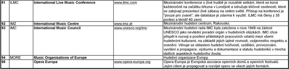 Přístup na konferenci je "pouze pro zvané", ale databáze je zdarma k využití. ILMC má členy z 35 profesí a téměř 40 zemí. 92 IMZ International Music Centre www.imz.